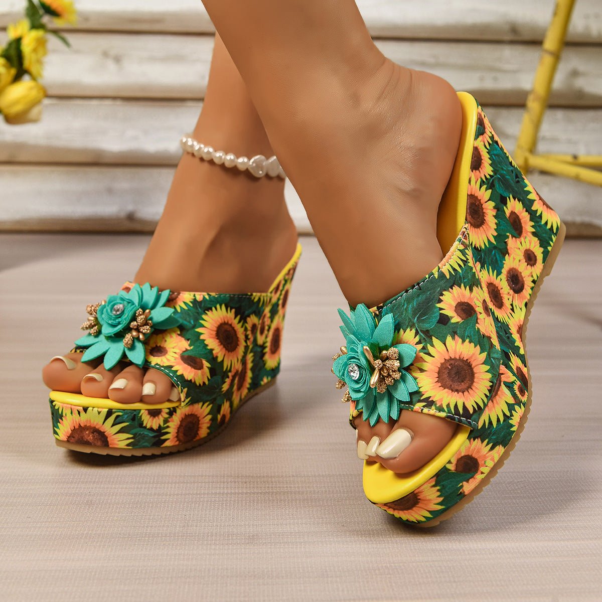 Sunflower Print Wedge Sandals - BelleVieMode