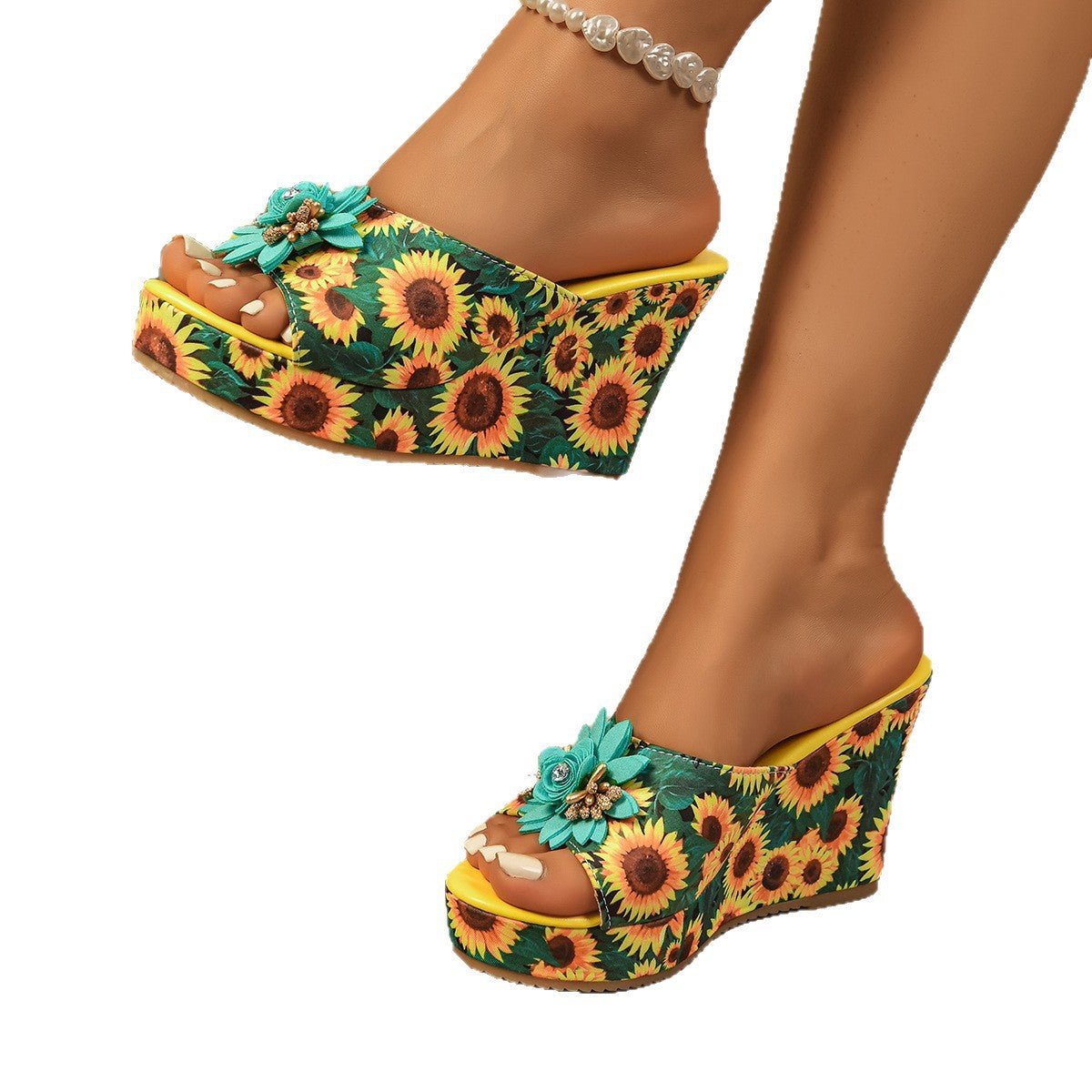 Sunflower Print Wedge Sandals - BelleVieMode