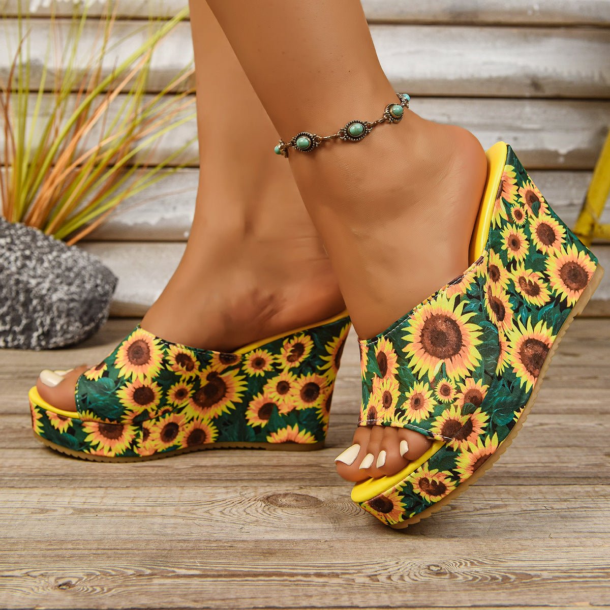 Sunflower Print Wedge Sandals - BelleVieMode