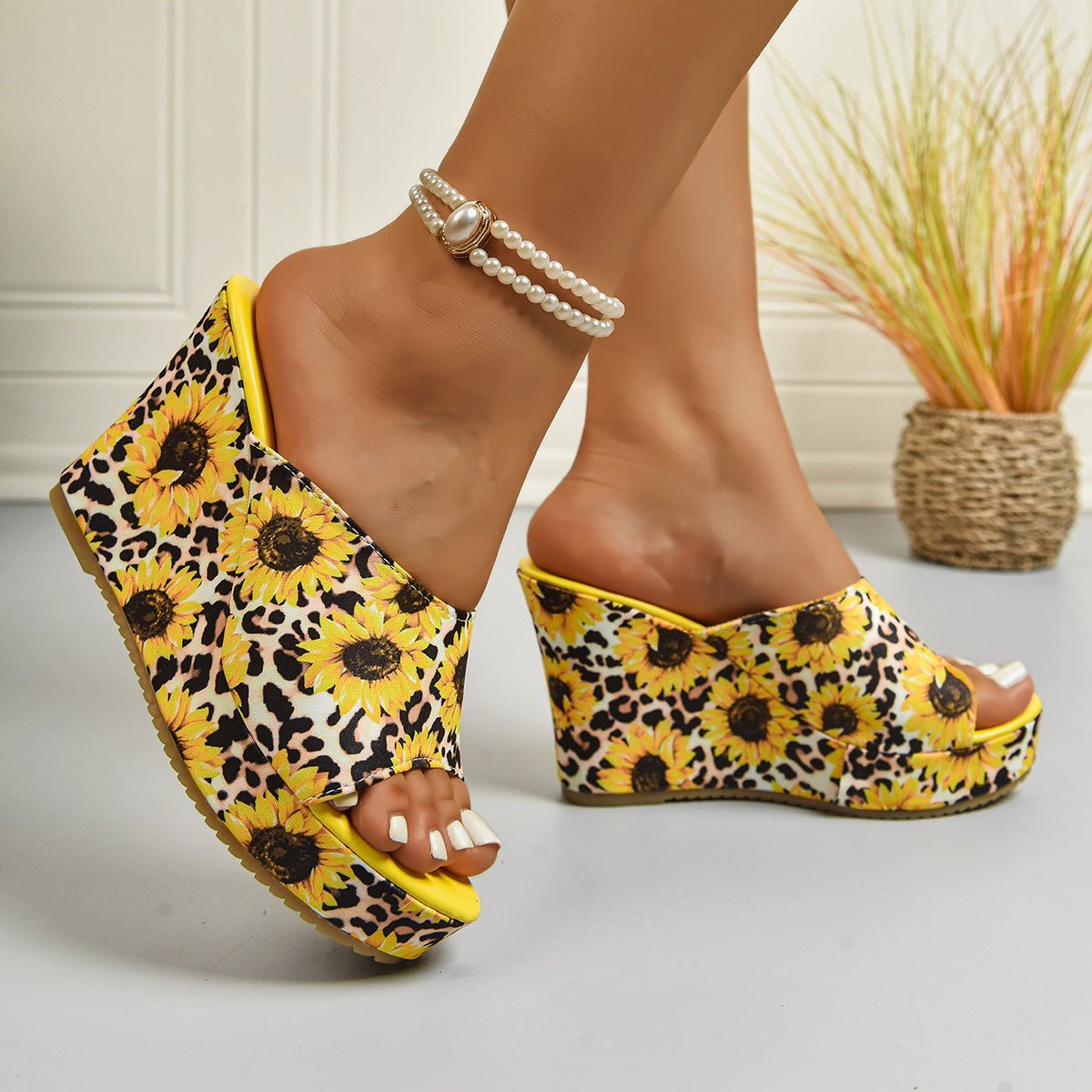 Sunflower Print Wedge Sandals - BelleVieMode