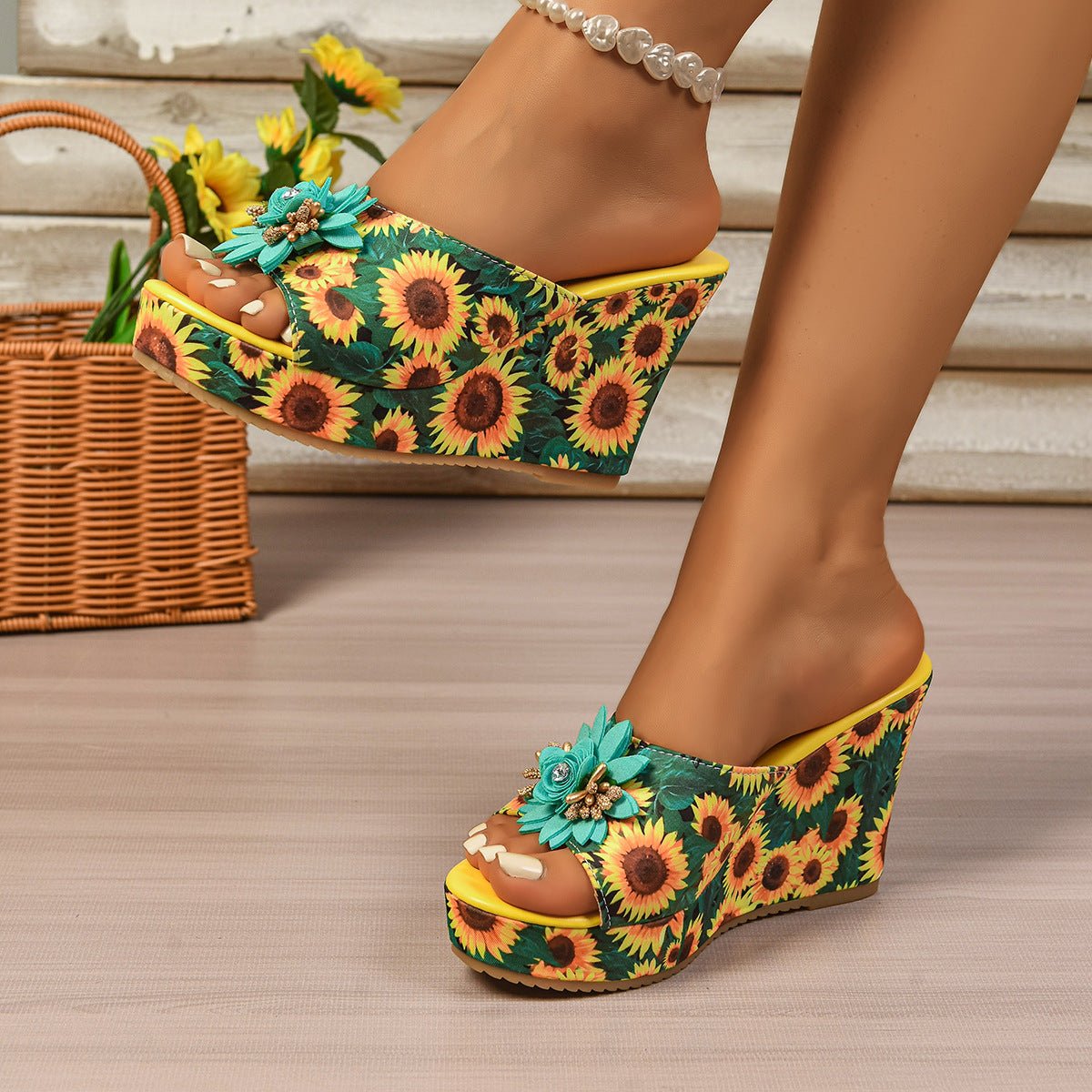 Sunflower Print Wedge Sandals - BelleVieMode
