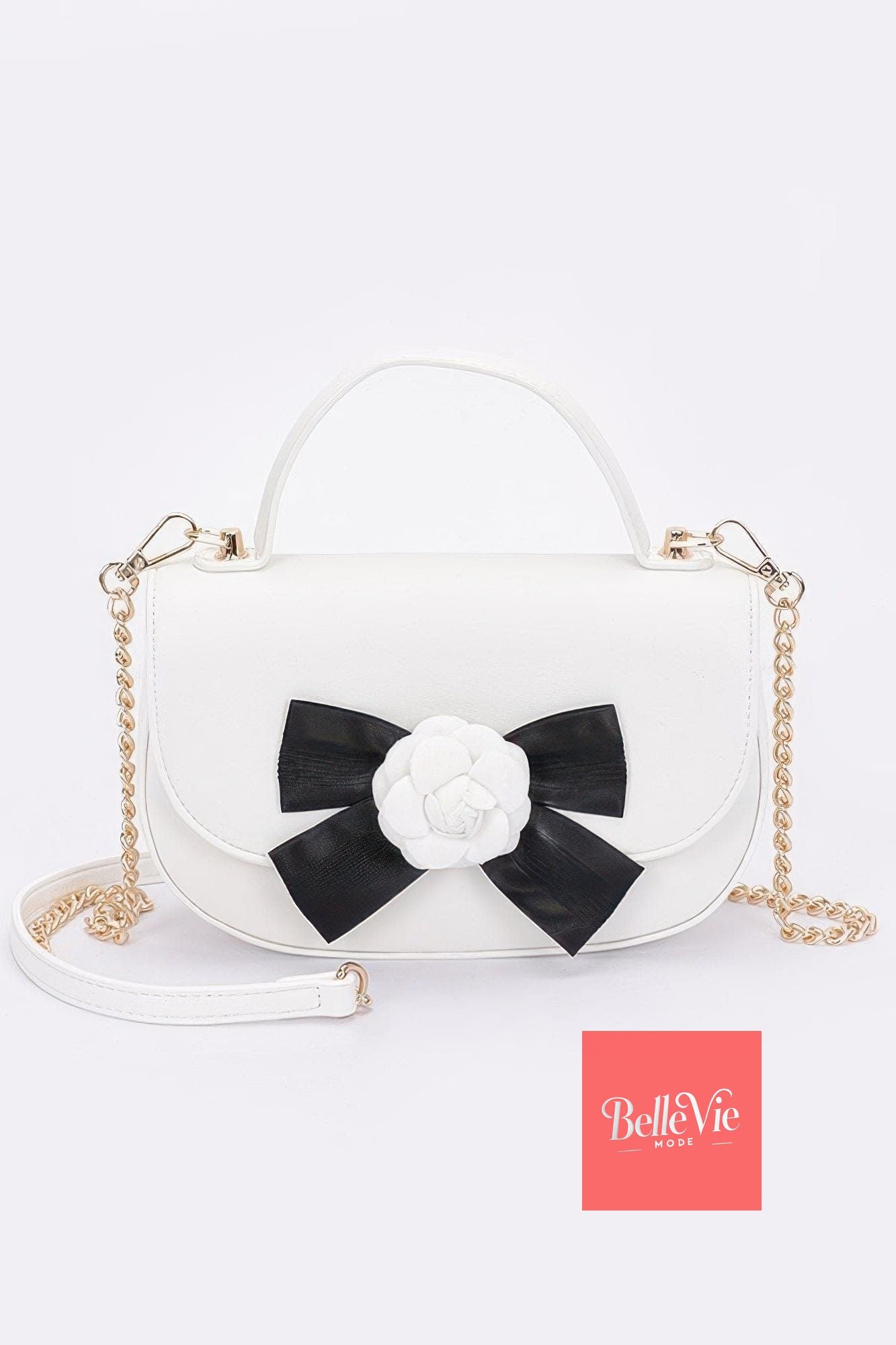 BelleVie Mode White Faux Leather Flower Ribbon Top Handle Flap Bag