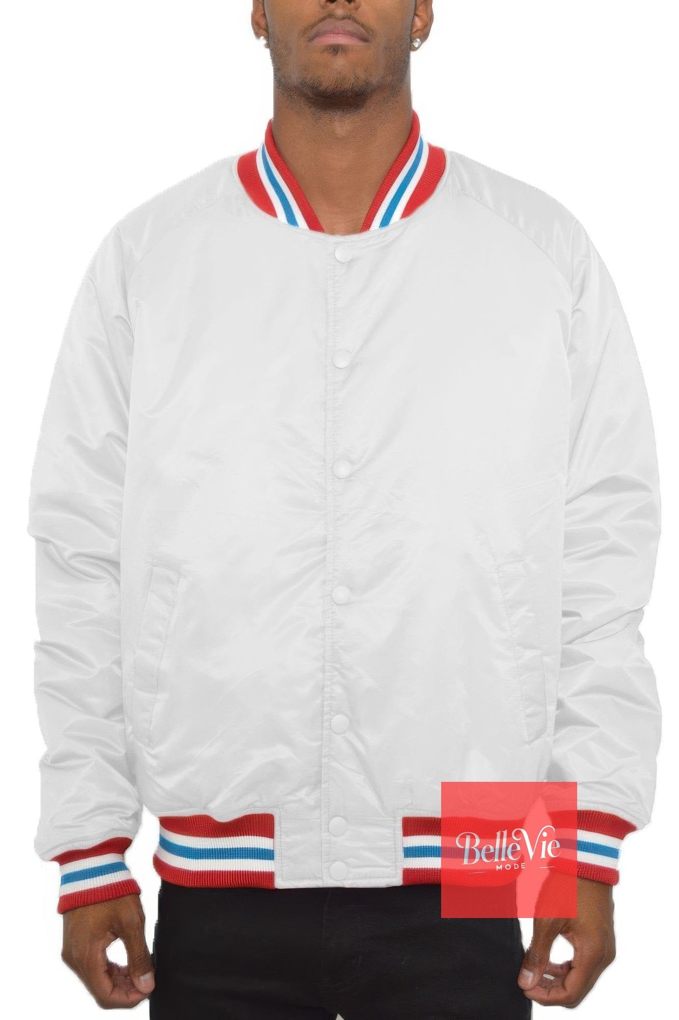 BelleVie Mode White / S Satin Varsity Bomber Jacket