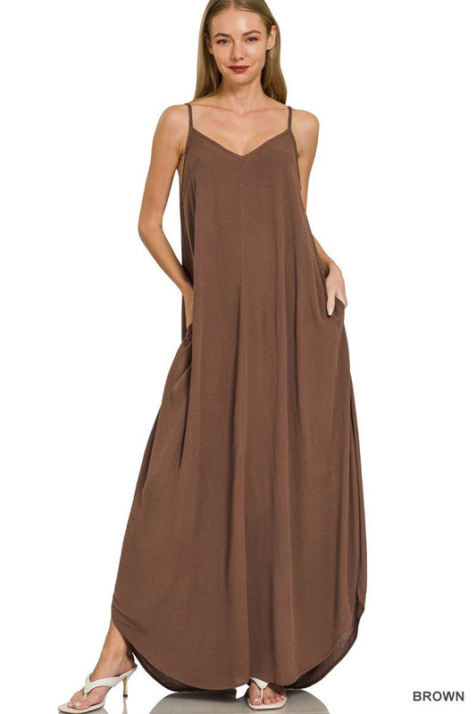 Zenana Woven Crinkle Cami Maxi Dress with Side Pockets - BelleVieMode